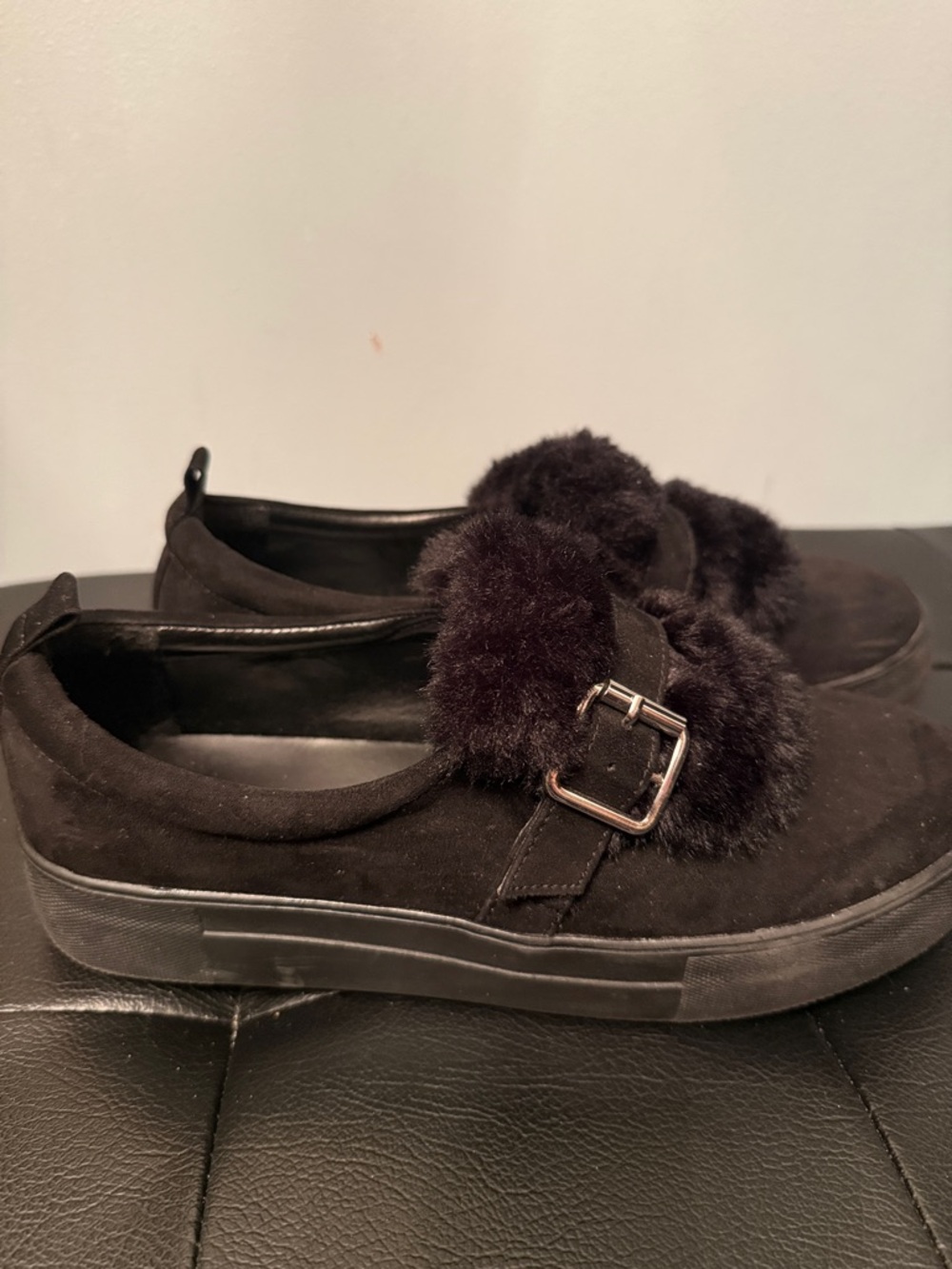 Women's Fur-Trim Slip-On Loafers in black